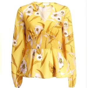 Ted Baker Saniyah Cabana Smocked Waist Floral Blouse in Yellow- Size 5 (US 14)